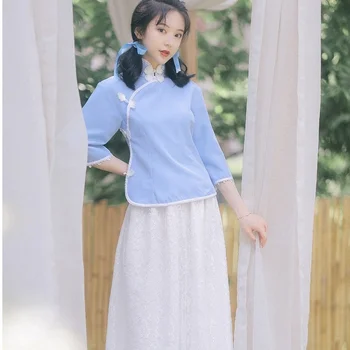Сказочное платье Hanfu, улучшенный костюм Tang, Юбка-трапеция со стоячим воротником в стиле ретро, контрастный костюм с юбкой из двух предметов