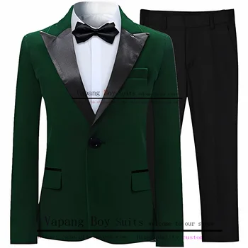 Темно-зеленый костюм для мальчиков, Бархатный свадебный смокинг из 2 предметов, Куртка с заостренными лацканами, брюки, Модные детские блейзеры
