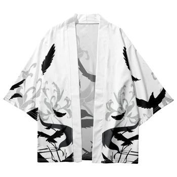 Традиционное Кимоно Японская Уличная Одежда Женские Мужские Рубашки Самурайские Топы 2023 Модный Кардиган С принтом Вороны Хаори Пляжная Юката