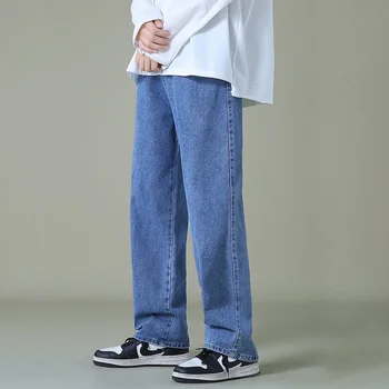 Уличная одежда, Мужские Синие Джинсы с широкими штанинами, Новые осенние модные прямые мешковатые джинсовые брюки в корейском стиле, студенческие брюки для подростков