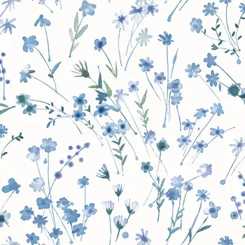 Хайди Синие акварельные обои с цветами Обои для домашнего декора