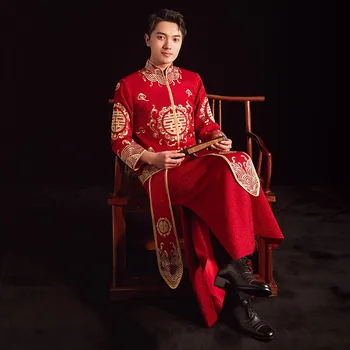 Элегантные Мужские Винтажные Красные Вышиванки Ципао В Китайском Стиле Традиционный Свадебный Чонсам